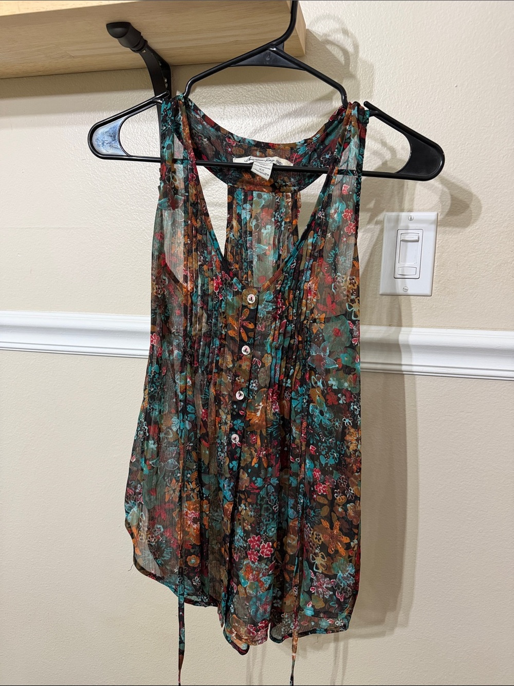 Sheer Floral Button-Front Women's Tank Top in Teal and Brown